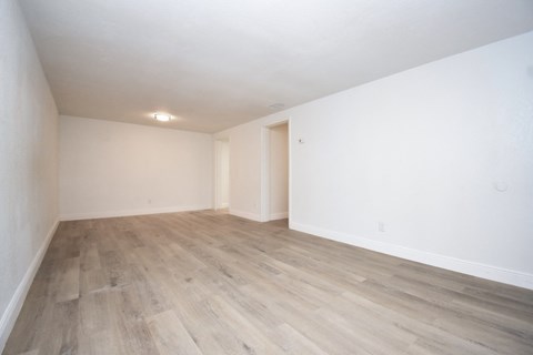 a spacious empty living room with overhead light and wood-style floor