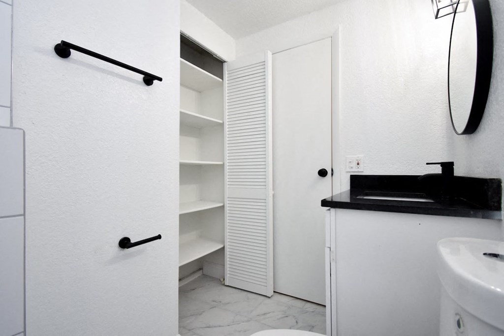 a bathroom with a closet and a toilet and a sink