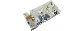 3D The 2-bedroom, 2-bathroom, 950 square foot floor plan at Mountainside Apartments in Birmingham, AL