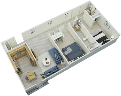 3D The 2-bedroom, 2-bathroom, 950 square foot floor plan at Mountainside Apartments in Birmingham, AL
