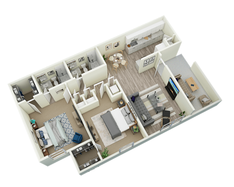 A 3D floor plan of a house with multiple rooms and furniture.