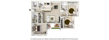 A 3D floor plan of a house with a kitchen, living room, and bathroom.