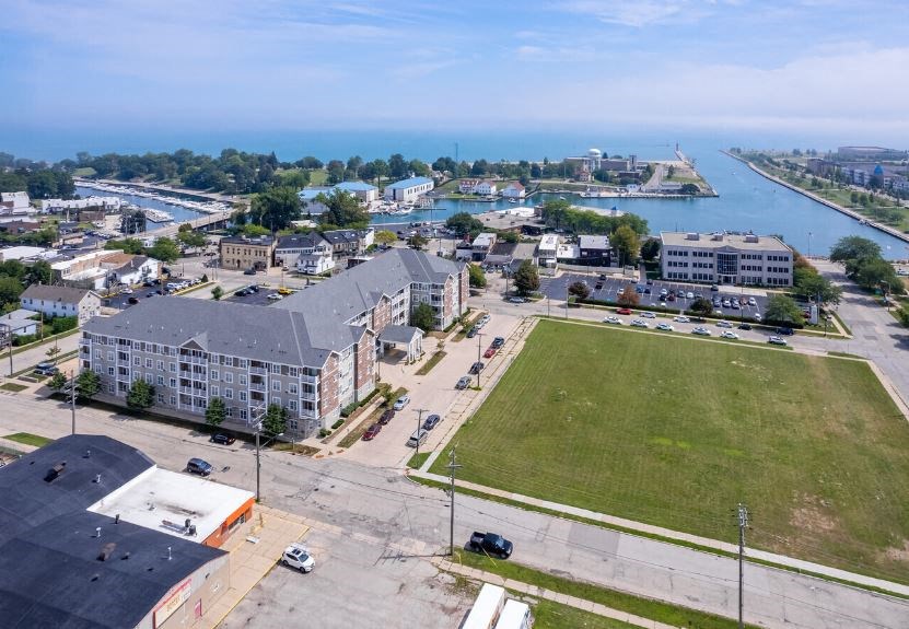 an aerial view of Harborside Commons in Kenosha near Lake Michigan