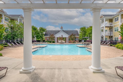 beautiful pool deck with pergola, lounges, surrounded by lush trees and apartments