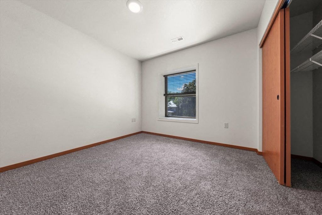 a carpeted bedroom with a large closet, window, and overhead lighting in a Spartan Loft