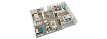 three-bedroom, two-bathroom 1,125 square foot floor plan a at Huntsville Landing Apartments, Alabama