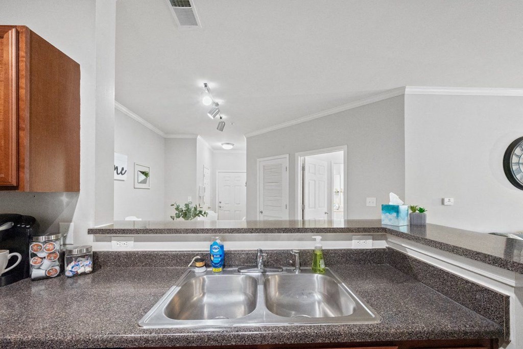 a kitchen sink and countertop in an apartment at Centerville Manor in Virginia Beach