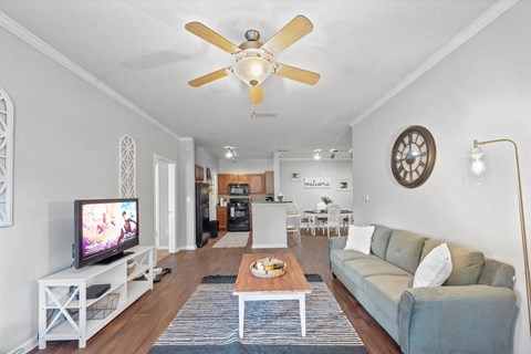 a living room with a couch and a coffee table in front of a tv