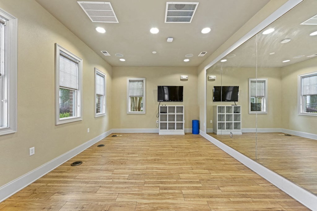 large fitness studio with full wall mirror, tv, and ample space for yoga, dance, or stretching