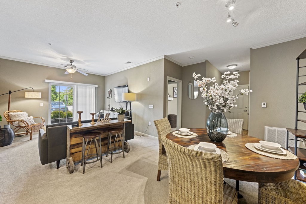 Fenwyck Manor model apartment dining and living area with model decor and furnishings