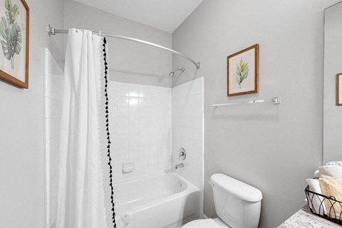 a bathroom with a bathtub and a toilet