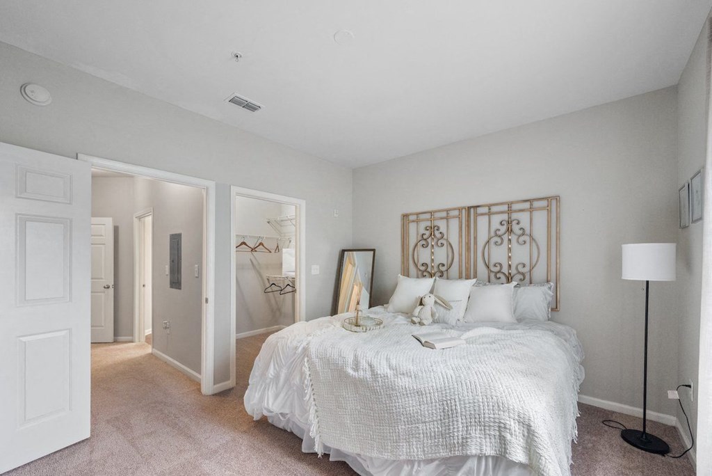 a bedroom with a bed and a closet