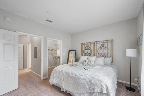 a bedroom with a bed and a closet