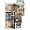 2x2-3D-Floor-Plan-Straight 2 bed, 2 bath 1,060 square foot apartment home floor plan at The Jameson Apartments in Homewood