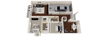 A 3D floor plan of a house with two bedrooms, a living room, a kitchen, and a garage.