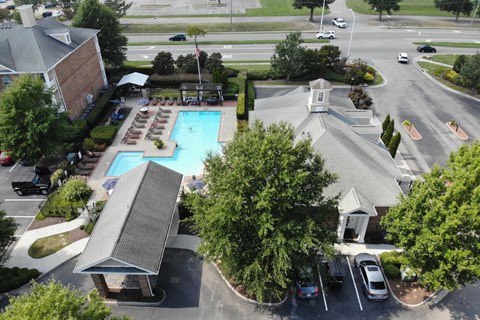 an aerial view of Centerville Manor community, clubhouse, and swimming pool