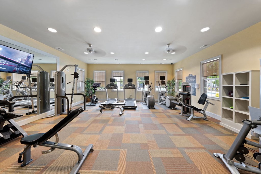 Fenwyck Manor's fitness center with cardio and strength equipment, a TV, and a mirrored wall
