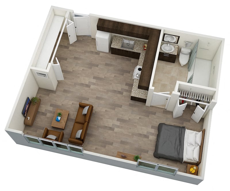 Studio 409 square foot floor plan at Villa San Carlos Senior Apartments