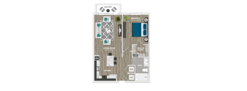 A floor plan of a balcony apartment with a living room, kitchen, bathroom, and bedroom.