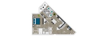 A floor plan of a home showing a living room, bedroom, bathroom, and kitchen.