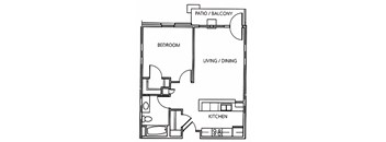 A One-bedroom, one-bath 674 square foot apartment floor plan