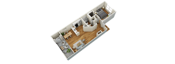 A 3D rendered image of a modern apartment layout.