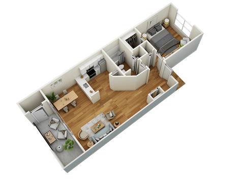 A 3D rendered image of a modern apartment layout.