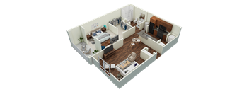 a 3d floor plan of a bedroom and living room