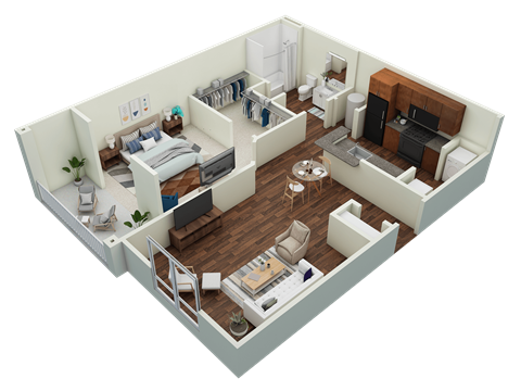 a 3d floor plan of a bedroom and living room