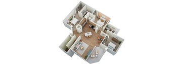 A top down view of a small apartment with a kitchen, living room, and bedroom.