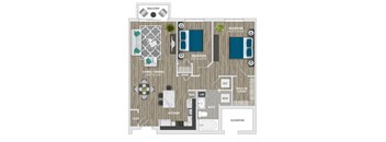 A floor plan of an apartment with a living room, dining room, kitchen, two bedrooms, a bathroom, and a balcony.