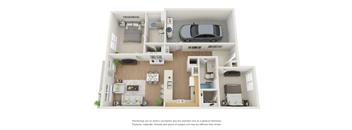 A 3D rendered image of a small apartment layout.