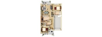 A detailed 3D floor plan of a small apartment.