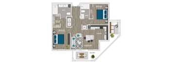 A floor plan of an apartment with a living room, kitchen, and two bedrooms.