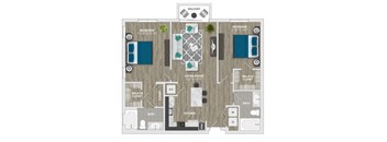 A floor plan of a house with a balcony, living room, kitchen, two bathrooms, and two bedrooms.