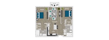 A floor plan of a house with a balcony, two bedrooms, a living room, a kitchen, a bathroom, and a walk-in closet.