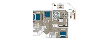 A floor plan of a house with a balcony, living room, dining room, kitchen, and four bedrooms.