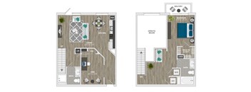 A floor plan of a two-bedroom apartment with a living room, kitchen, and bathroom.