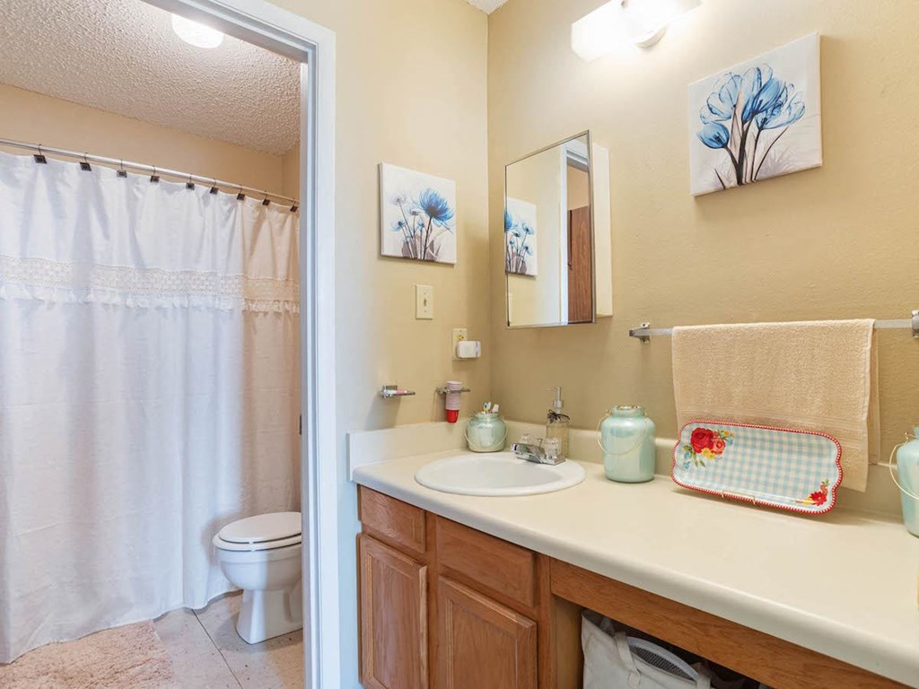 a bathroom with a sink and a toilet and a shower in a Village Square Apartment Home