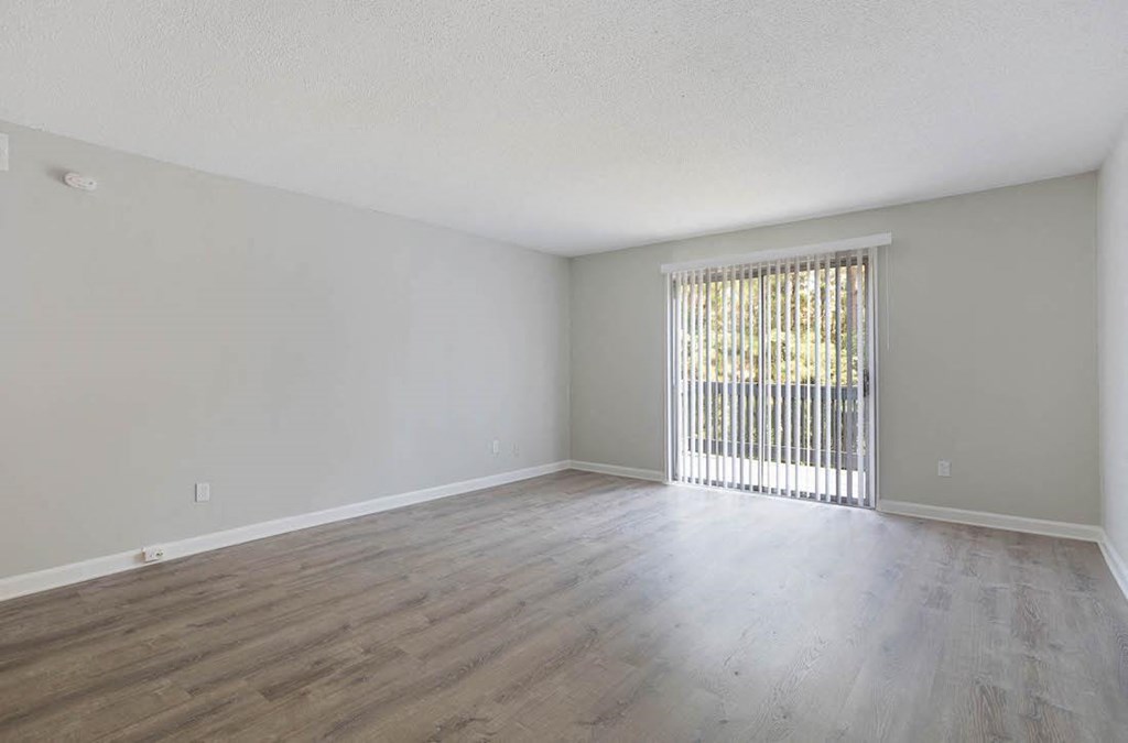 an empty living room with lots of natural light from the sliding glass doors