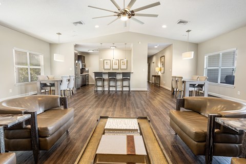 A living room with a brown rug and a brown leather couch.