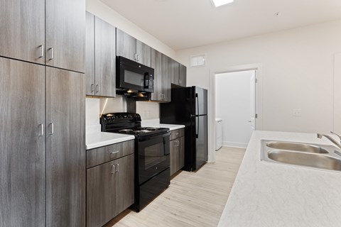 a kitchen with black appliances and a sink and a refrigerator