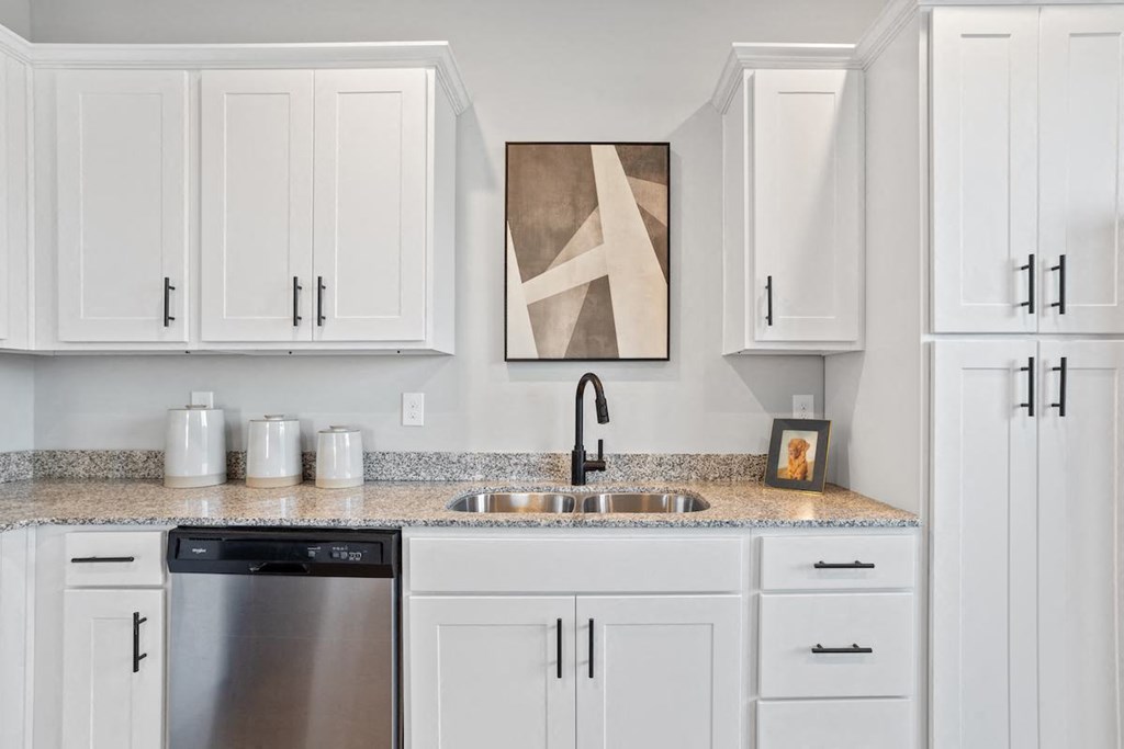 a kitchen with white cabinets, granite countertops, a stainless steel dishwasher and sink