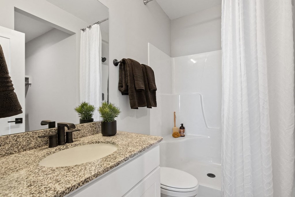 a bathroom with a granite vanity, tub/shower, toilet, and large mirror