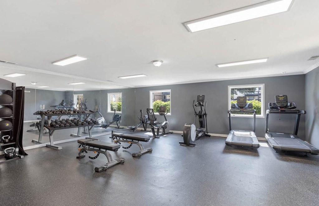 the large fitness center with cardio, strength, and free weight equipment at The Onyx Hoover