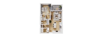 A top-down view of a small apartment with a kitchen, living room, and bathroom.