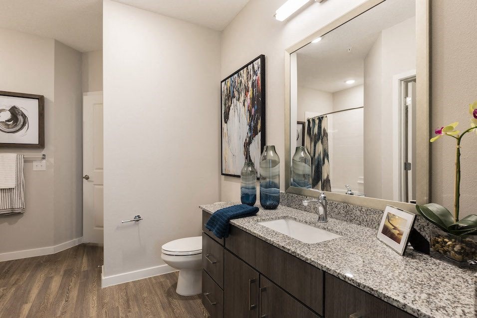 large bathroom with granite vanity, large mirror, light kit, and wood-style floor at Residences at The Green