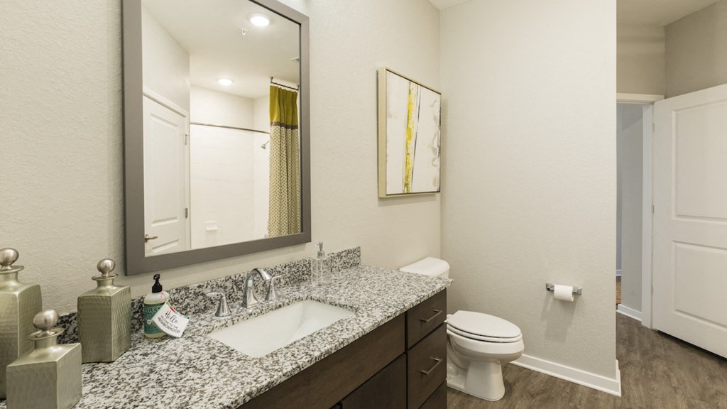 spacious bathroom vanity and toilet nook