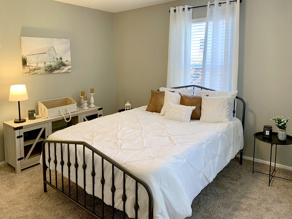 bedroom with model furnishings, large window, and plush carpeting