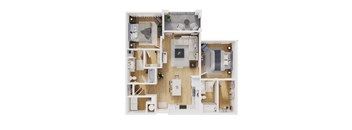 A floor plan of a house with a kitchen, living room, and two bedrooms.